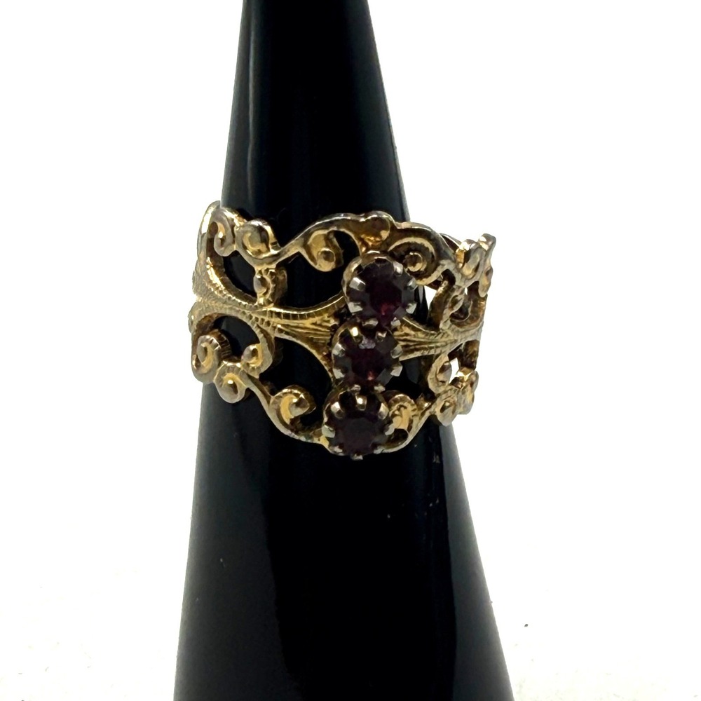 Vintage Gold Tone Filigree Wide Band Ring Dark Red Stones Size 5.5 Cocktail Ring